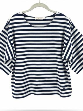 TORY BURCH Navy and White Striped Top with Logo. NWOT